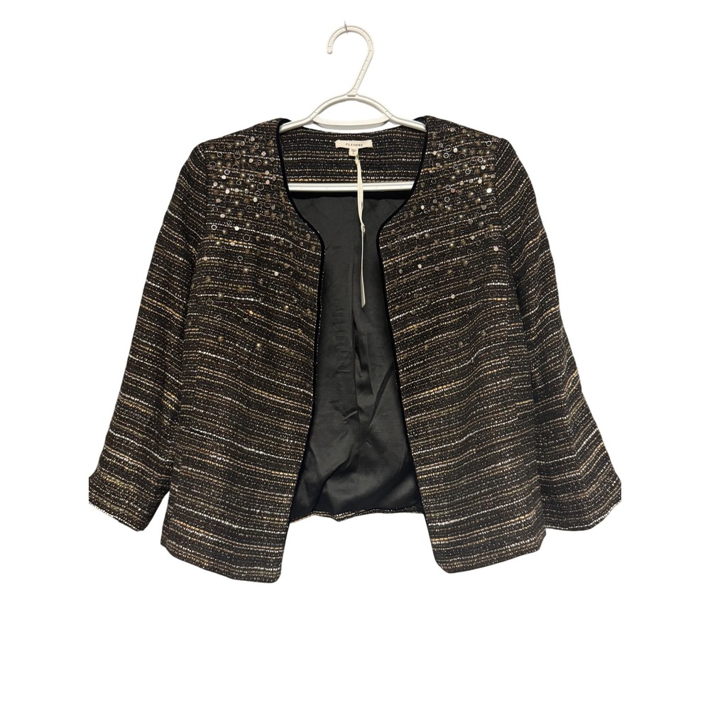 PLEIONE Embellished Tweed Cropped Jacket Women's S Sparkle Sequins Blazer